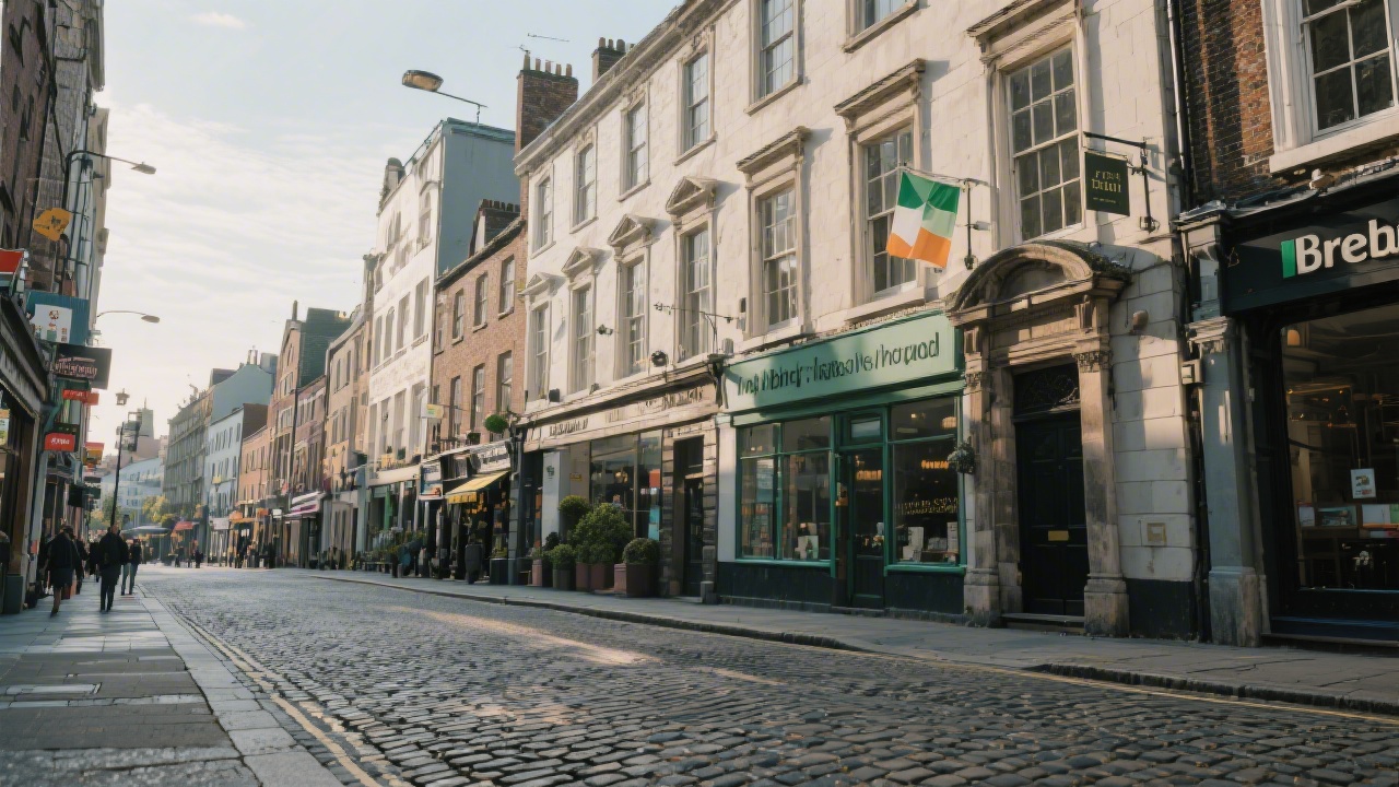 View of Dublin city centre with cobblestone streets and historic facades, expressing the local atmosphere that inspires Irish branding work.