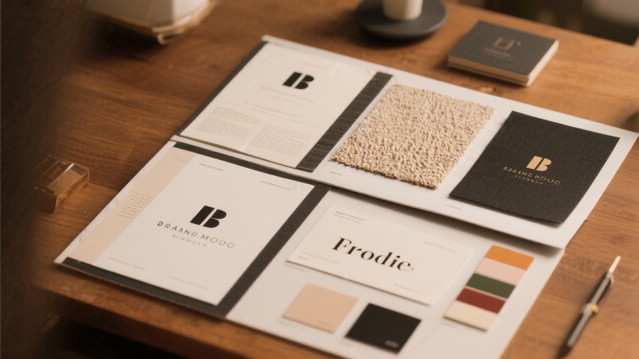 Curated brand mood board with printed textures, typography samples, and color chips on a warm desk surface, communicating a refined identity process.