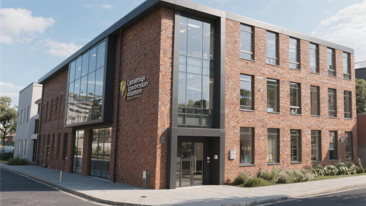 Modern brick and glass building in Dublin with a discreet entrance, representing a professional but welcoming learning environment for design education.