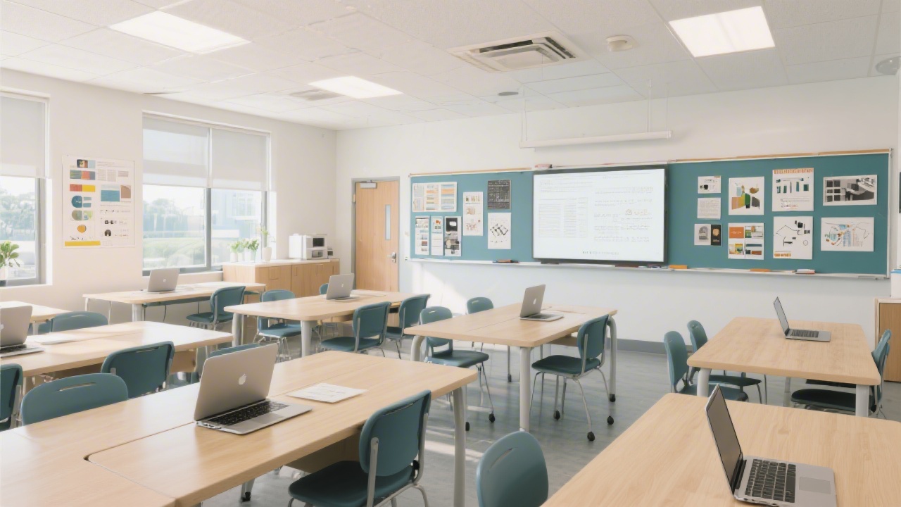Bright classroom with large tables, laptops, and wall-mounted design references, reflecting a collaborative and focused learning environment.