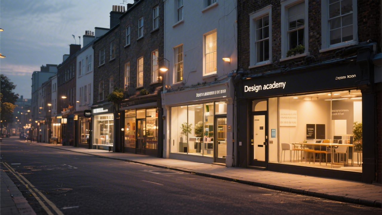 Quiet Dublin street with warm light and storefronts, giving a welcoming and professional impression for visitors seeking a design academy.