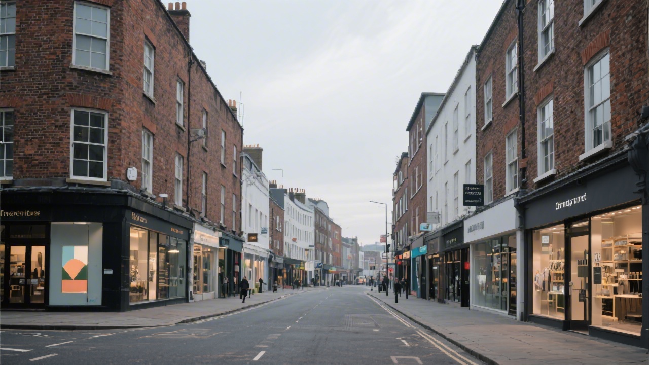 Wide view of Dublin streetscape with historic brick buildings, modern storefronts, and overcast light, suggesting a creative urban environment for design education.