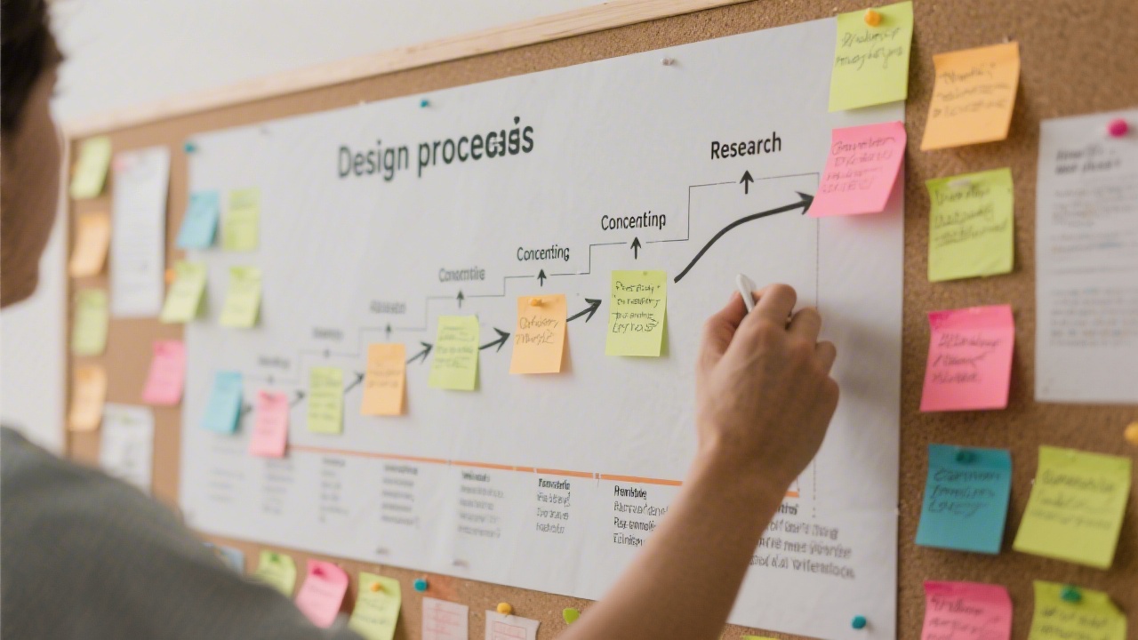 Step-by-step design process diagram on a large board, with sticky notes and arrows mapping research, concepting, and refinement stages.