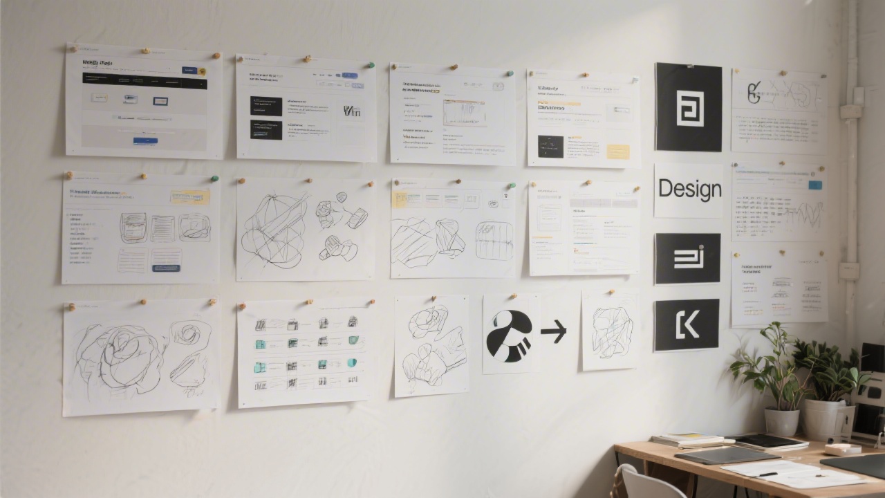 Design studio wall with pinned web layouts and brand identity sketches, showing a structured educational process and multi-project workflow.