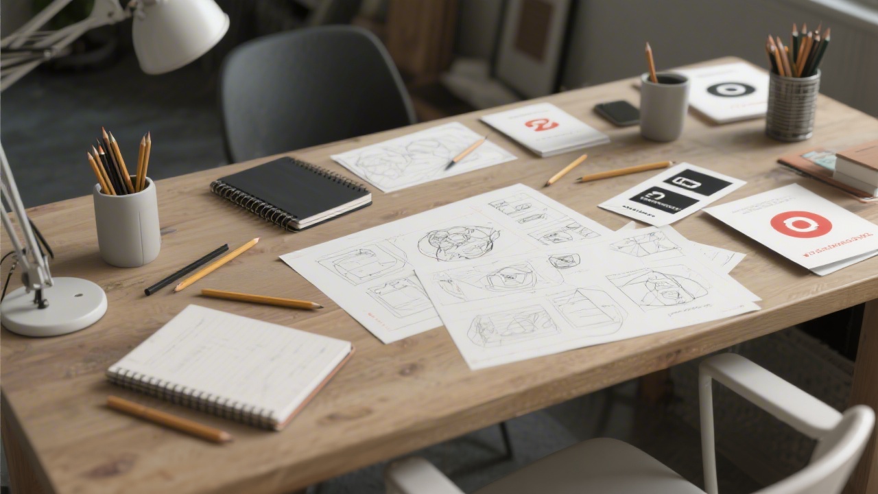 Design studio table with notebooks, layout sketches, pencils, and printed brand references, capturing the atmosphere of a hands-on creative workshop.