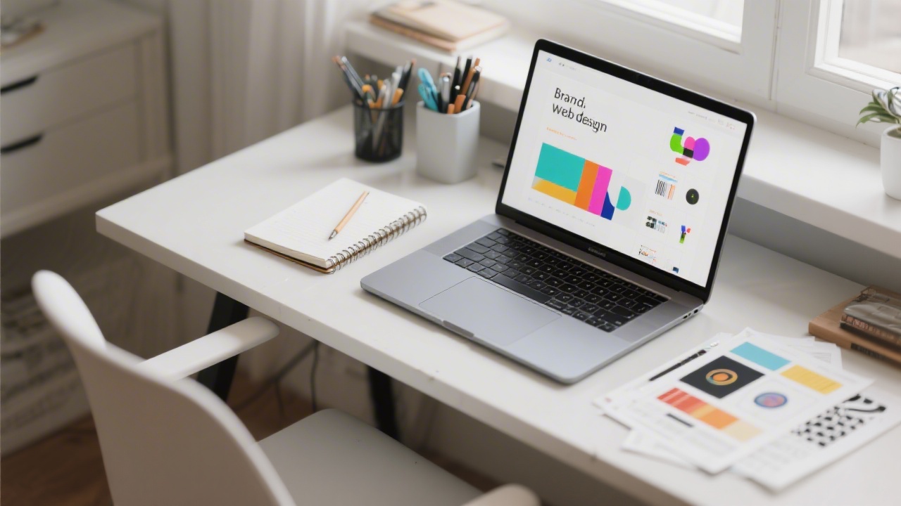 Desk setup with laptop, notebook, and printed design references, suggesting a practical toolkit for brand and web design work.